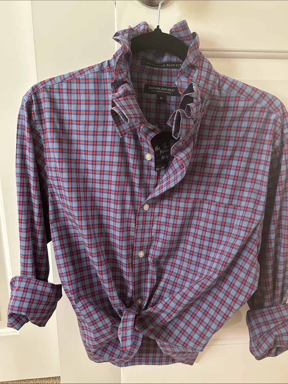 Banana Republica Blue and Red Plaid Shirt recreated for a woman ruffled collar.